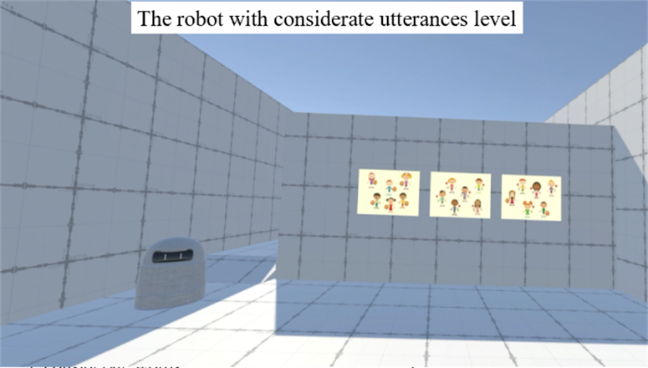 エージェントの発話に対して成人がどのように解釈するかを、VR環境で検討した実験の一部を示しています。本研究室では、対面環境でのコミュニケーション実験も行っています。